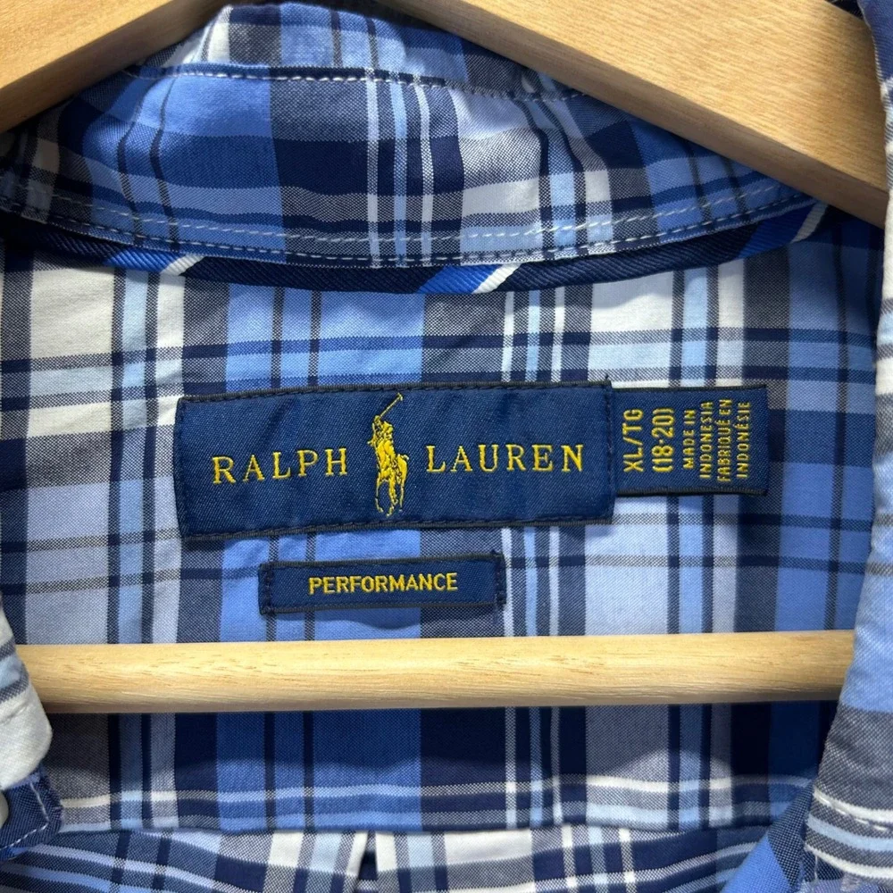 Polo Ralph Lauren Performance Kids Blue Plaid Button Down Shirt XL 18-20 L/S